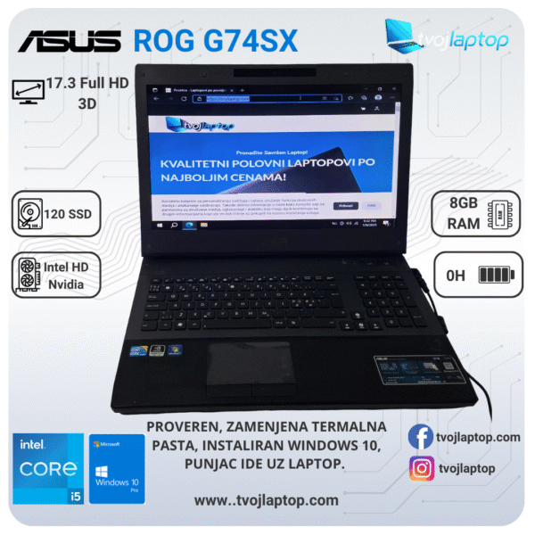 𝗔𝗦𝗨𝗦 𝗥𝗢𝗚 𝗚𝟳𝟰𝗦𝗫, I5 2gen, 8GB DDR3, 120 SSD, Dve grafike