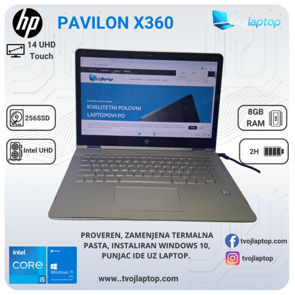 HP Pavilon x360,Intel i5 8gen, 8GB DDR4, 256 SSD, Intel UHD Touch