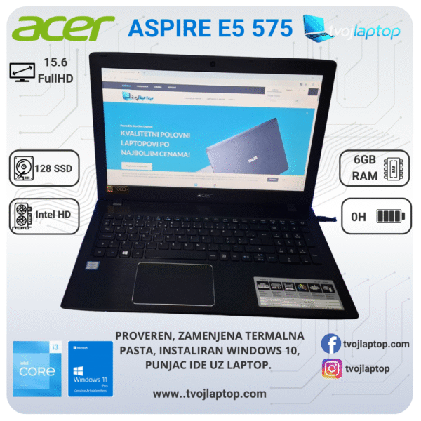 𝗔𝗰𝗲𝗿 𝗔𝘀𝗽𝗶𝗿𝗲 𝗘 𝗘𝟱-𝟱𝟳𝟱-𝟯𝟬𝗤𝗗, I3 6gen, 6GB DDR4, 128 SSD, Intel HD 520