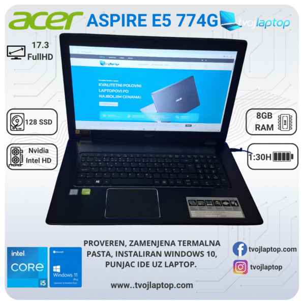 𝗔𝗰𝗲𝗿 𝗔𝘀𝗽𝗶𝗿𝗲 𝗘 𝗘𝟱-𝟳𝟳𝟰𝗚,I5 7Gen, 8GB DDR4, 128 SSD, Dve grafike