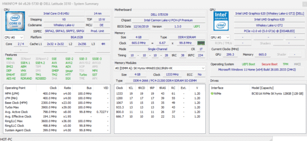 𝗗𝗲𝗹𝗹 𝟯𝟯𝟭𝟬, Intel Core i3-8, 8GB DDR4, 128 Nvme, Intel UHD