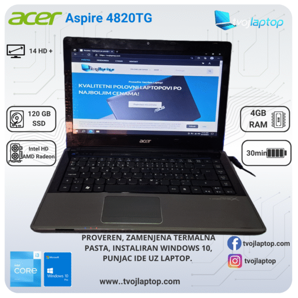 Acer Aspire 4820TG, Core i3 laptop, Radeon HD 5650, polovan laptop, 4GB RAM, SSD laptop, 14 inča laptop, laptop za osnovne igre, povoljan laptop