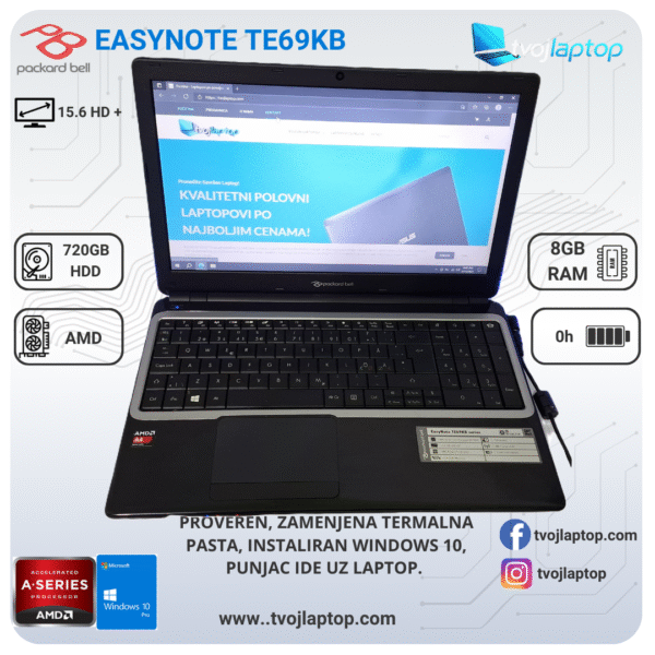Packard Bell EasyNote TE69KB, AMD A4 laptop, polovan Packard Bell laptop, povoljan laptop, laptop za školu, laptop za posao, 8GB RAM, HDD laptop, 15.6 inča laptop