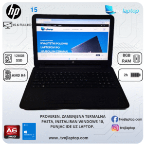 HP 15, AMD A6 laptop, polovan HP laptop, povoljan laptop, laptop za školu, laptop za posao, 8GB RAM, 128GB SSD, Full HD ekran, Windows 11
