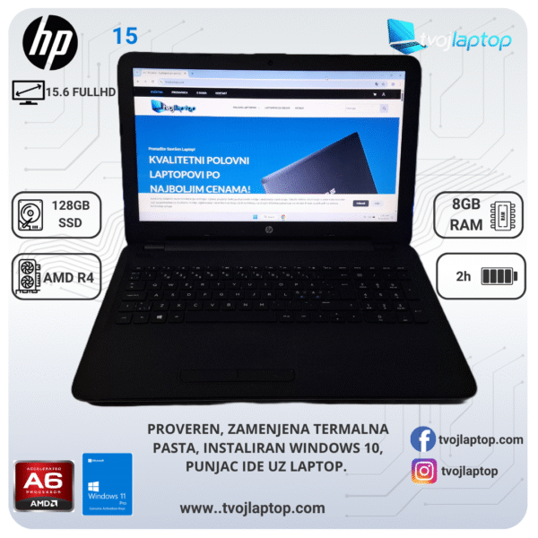 HP 15, AMD A6 laptop, polovan HP laptop, povoljan laptop, laptop za školu, laptop za posao, 8GB RAM, 128GB SSD, Full HD ekran, Windows 11