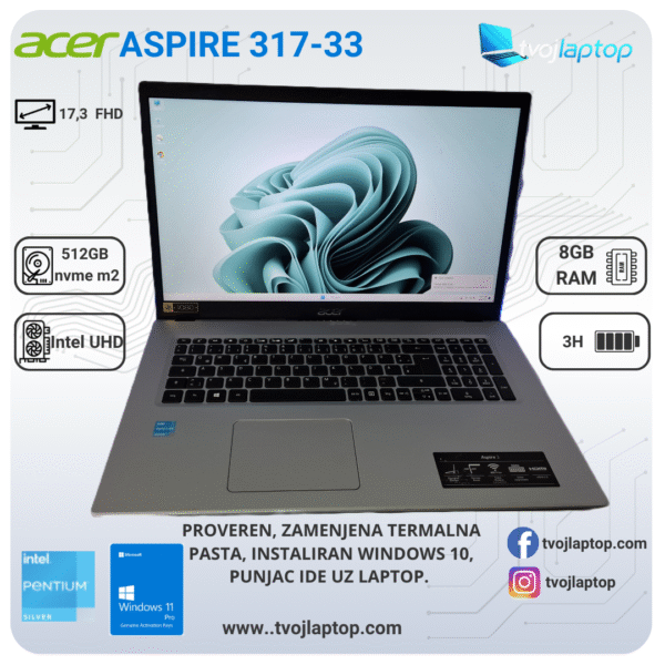 Acer Aspire 317-33 sa Intel N6000, 8GB RAM, 512GB SSD i 17.3" Full HD IPS ekranom. Veliki laptop za školu, posao i multimediju.