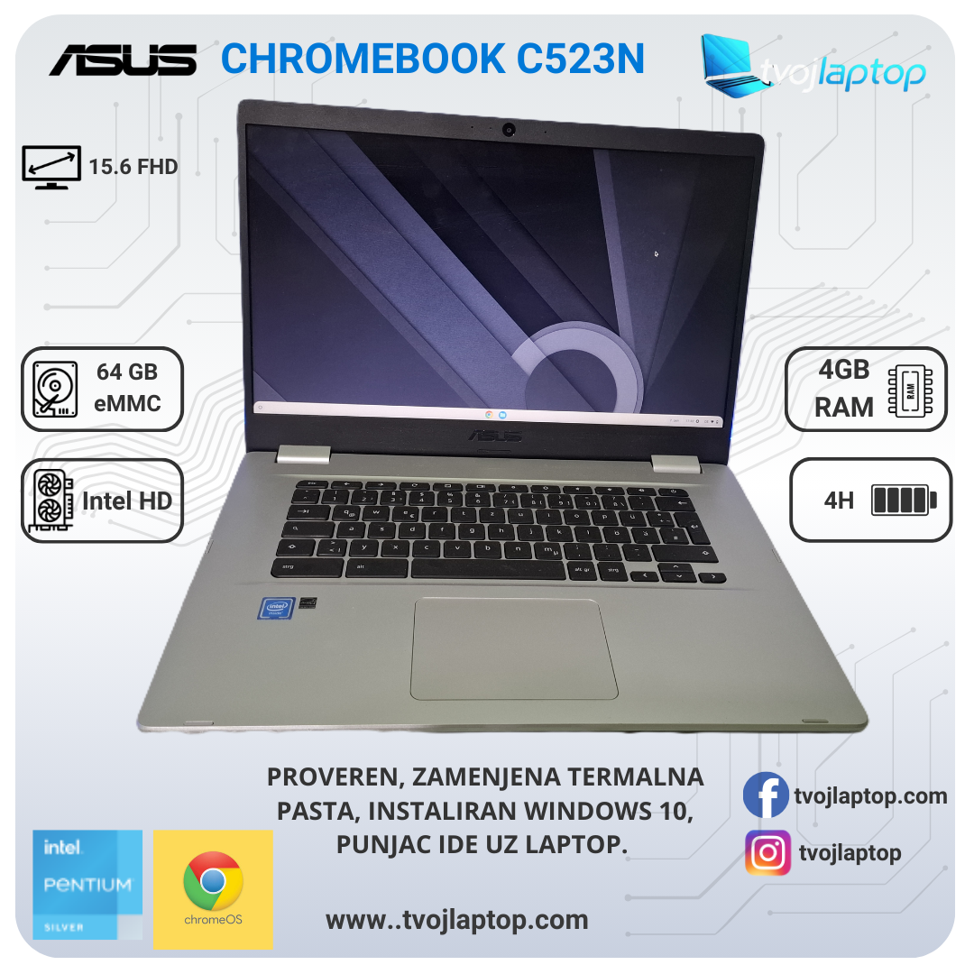 Asus Chromebook C523N Intel Pentium N4200 4GB RAM 64GB eMMC