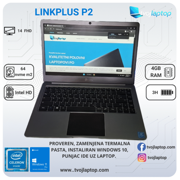 LincPlus P2 sa Intel Celeron N3350, 4GB RAM, 64GB SSD i 14" HD ekranom – idealan povoljan laptop za školu, posao i multimediju.