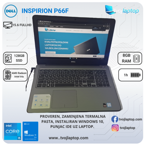 Dell Inspiron P66F, Core i5 laptop, polovan Dell laptop, povoljan laptop, laptop za školu, laptop za posao, 8GB RAM, 128GB SSD, FHD ekran, Windows 10 Pro