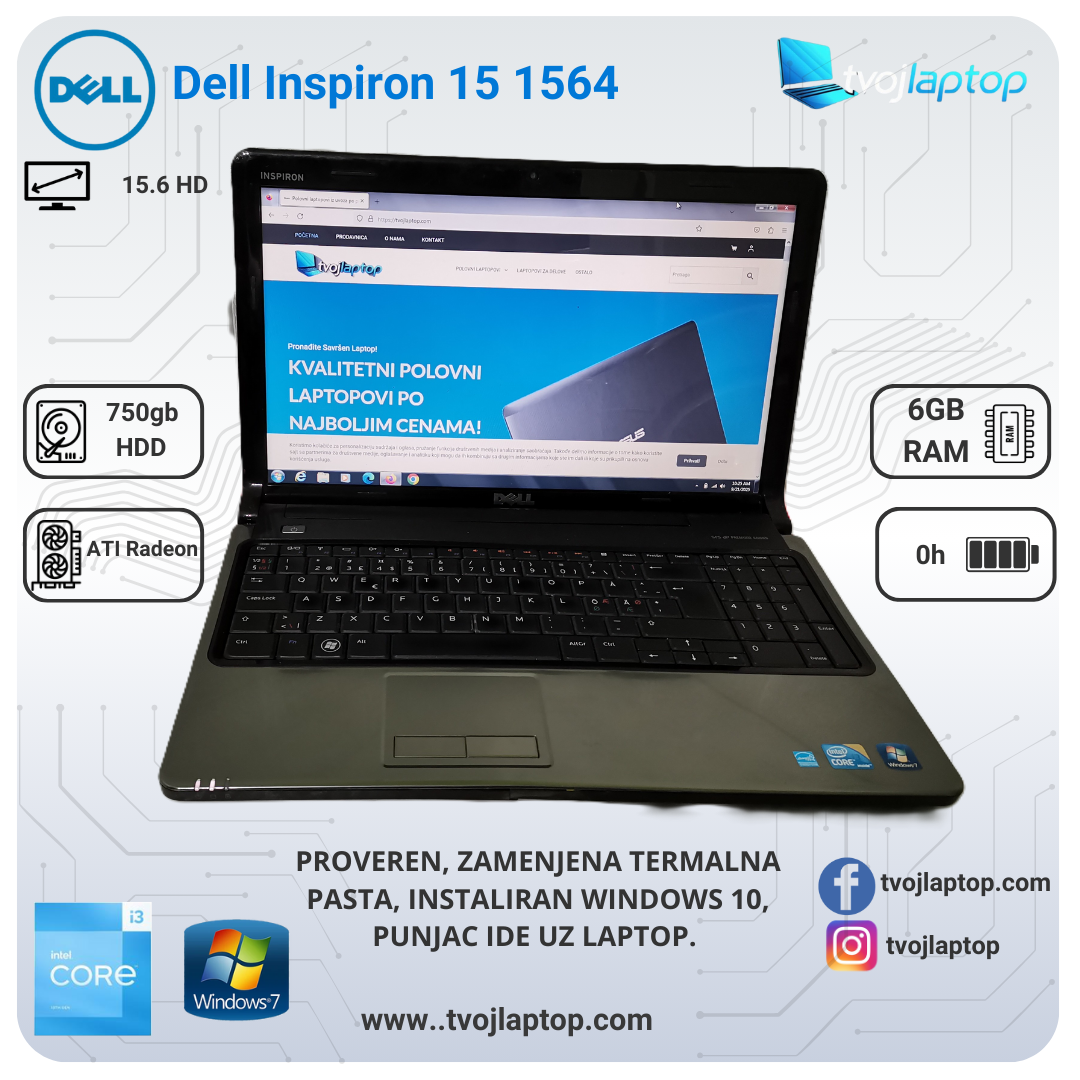 Dell Inspiron 15 1564, Core i3 laptop, Dell laptop, polovan laptop, laptop sa Windows 7, laptop za školu, laptop za kancelariju, HDD laptop, povoljan laptop, 15.6 inča laptop
