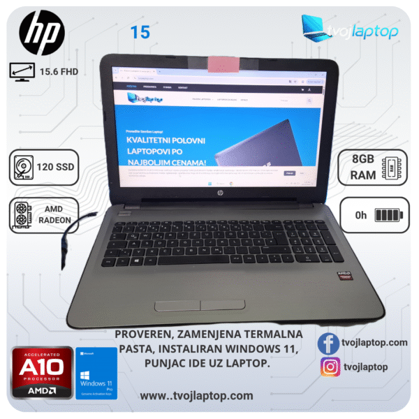 HP 15 – AMD A10-9600P, 8GB DDR4, 128GB SSD, 15.6" Full HD, Radeon R6, Windows 11. Brz i pouzdan laptop za posao, školu i multimediju. HP 15 – AMD A10-9600P, 8GB DDR4, 128GB SSD, 15.6" Full HD, Radeon R6, Windows 11. Brz i pouzdan laptop za posao, školu i multimediju.