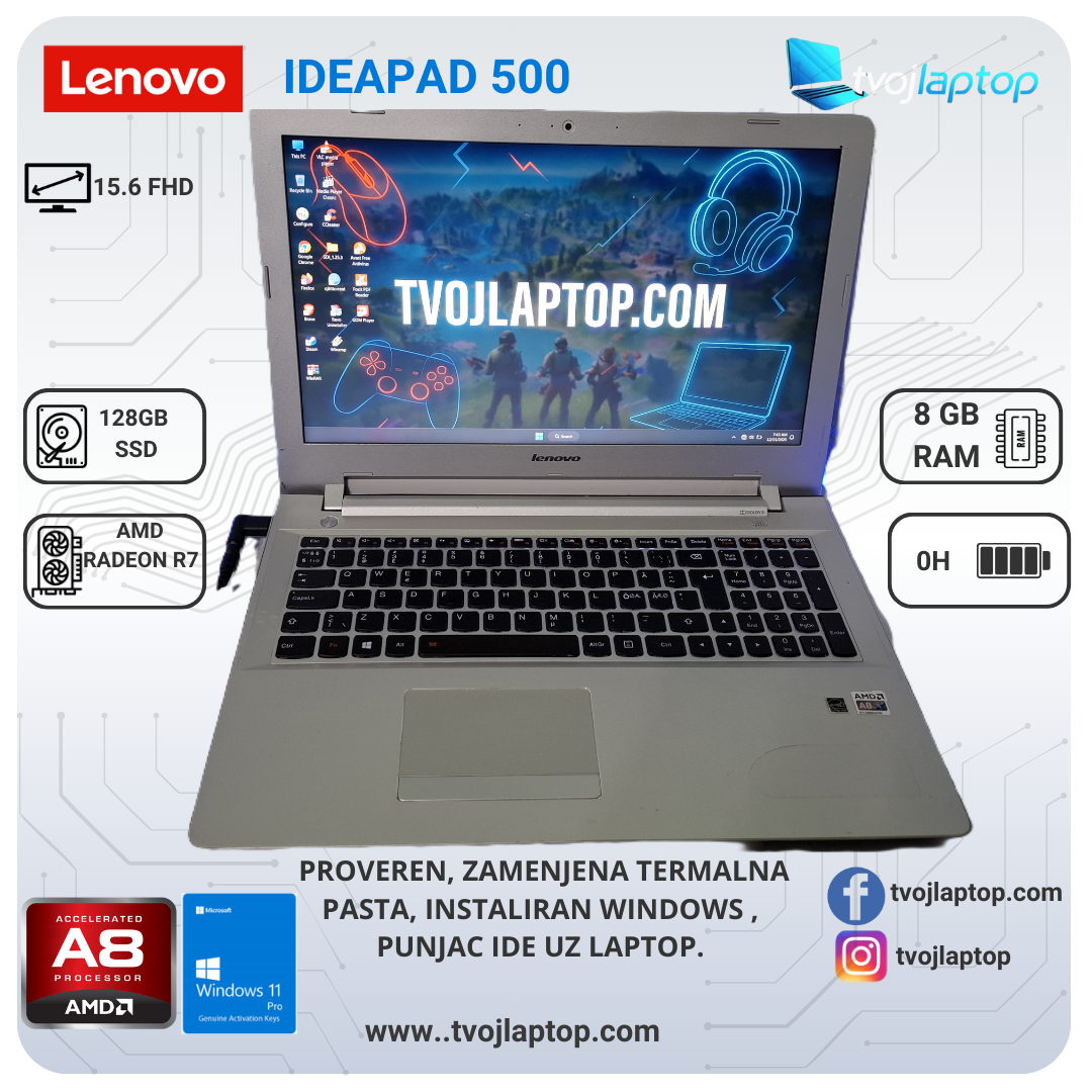 Lenovo IdeaPad 500 | AMD A8-8600P | 8GB RAM | 128GB SSD | AMD Radeon R7 | 15.6″ FHD | Windows 11