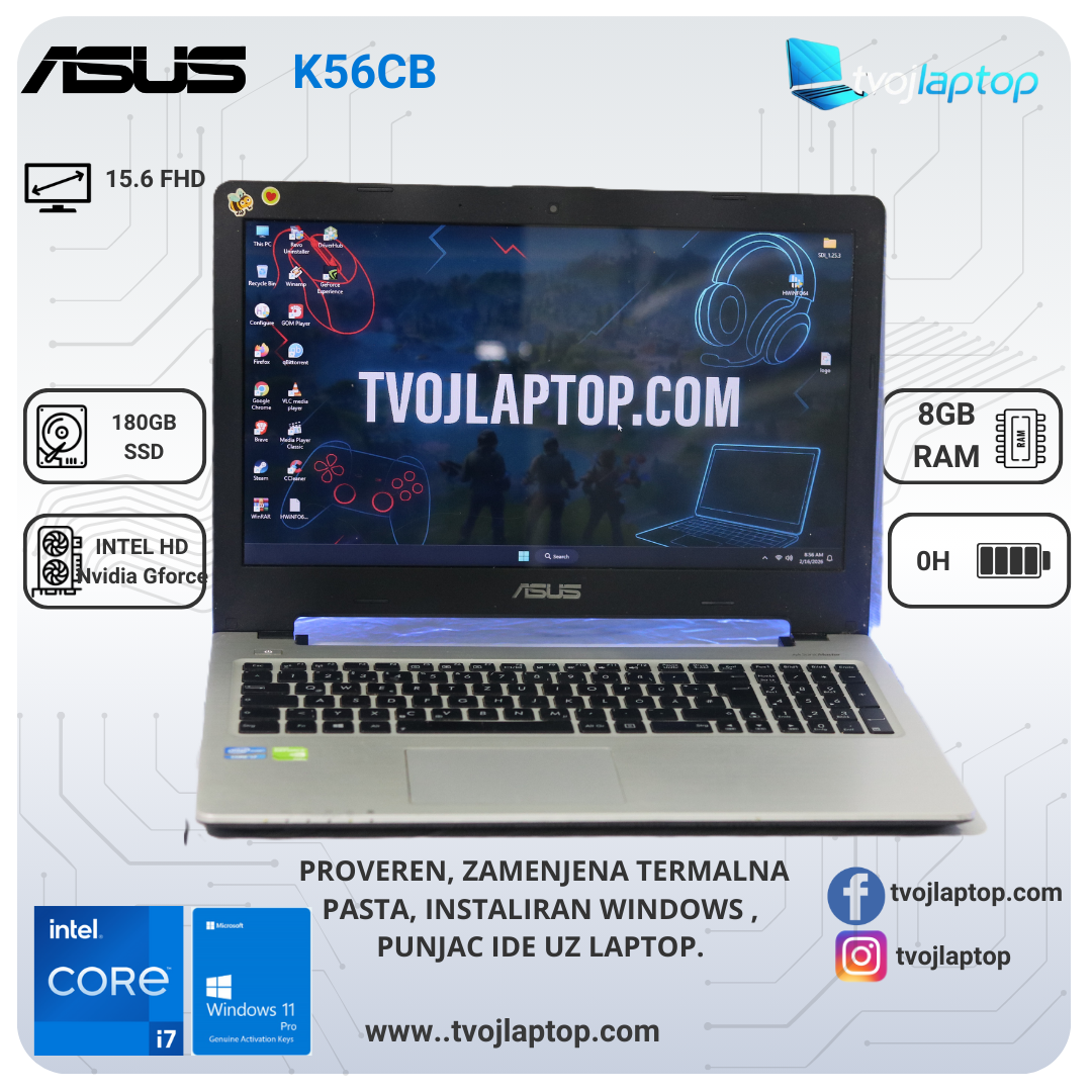 Asus K56CB | Intel Core i7-3537U | 8GB RAM | 180GB SSD | GT 740M 2GB | Full HD IPS | Windows 11