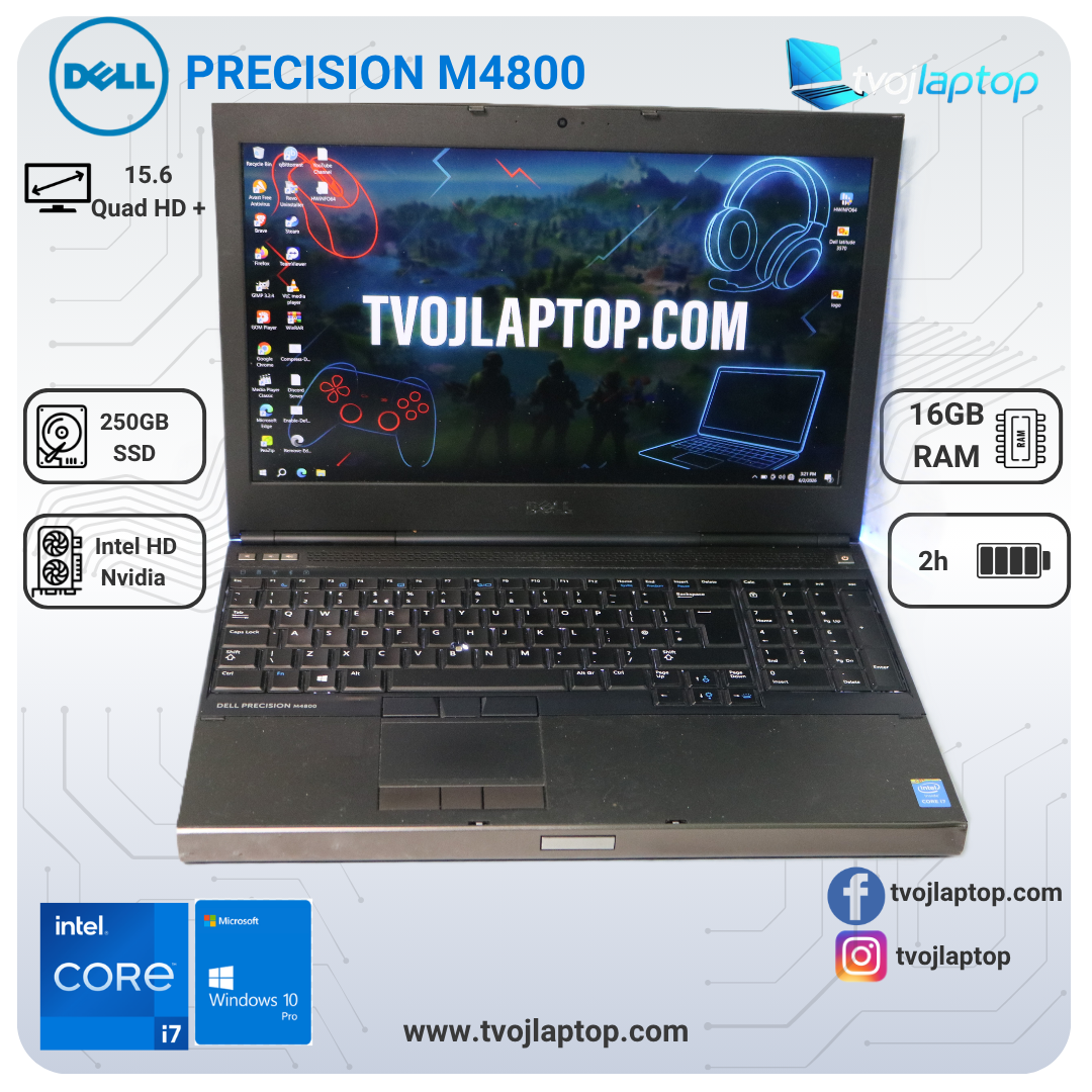 Dell Precision M4800 – Intel Core i7 četvorojezgarni | 16GB RAM | 250GB SSD | NVIDIA Quadro K2100M | QHD+ 3200×1800 ekran | Polovan laptop