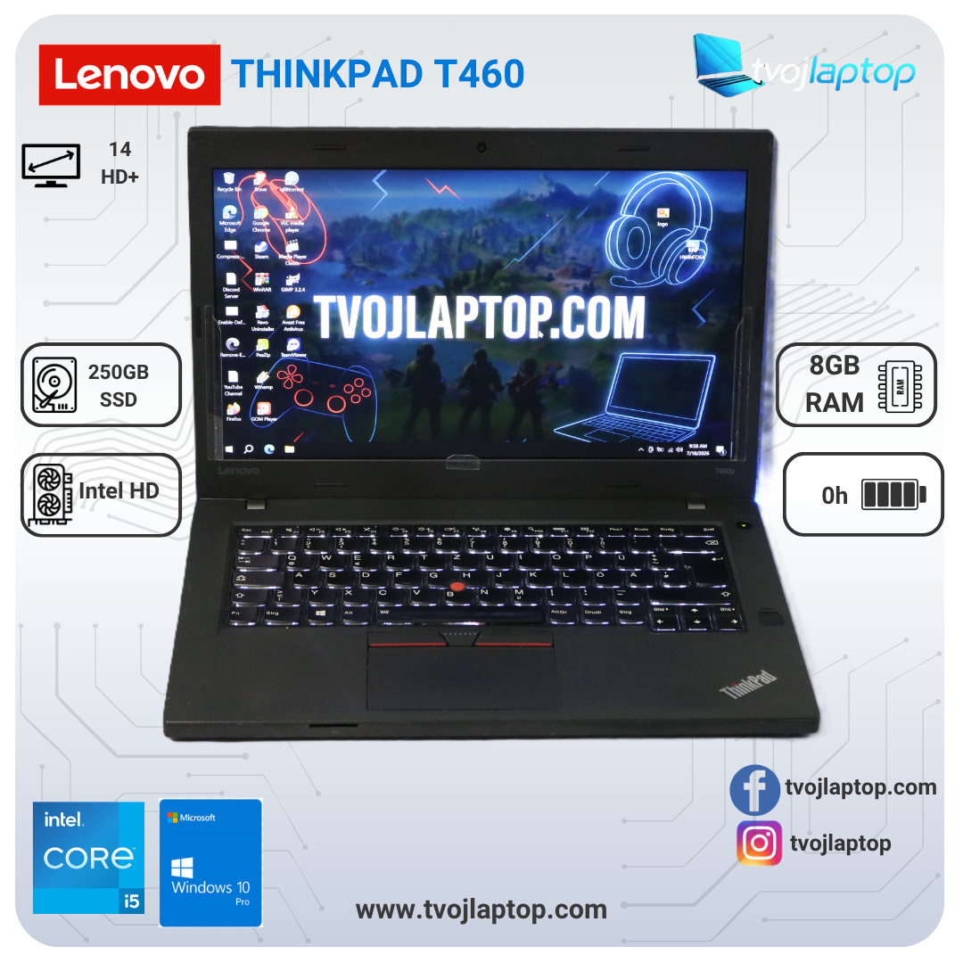 Lenovo ThinkPad T460P – i5 četvorojezgarni | 8GB DDR4 | 250GB SSD | 14″ Full HD IPS mat ekran | Wi-Fi 5 | svetleća tastatura | Polovan poslovni laptop