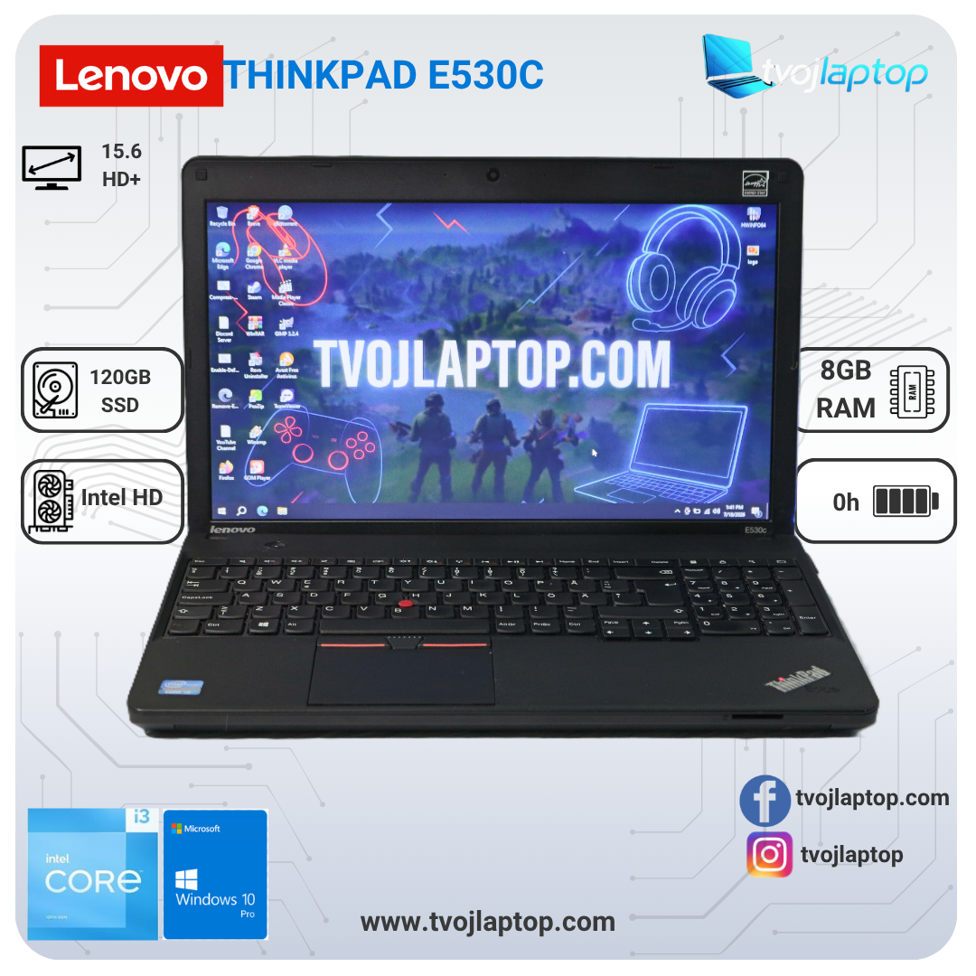Lenovo ThinkPad E530c – Intel Core i3 | 8GB DDR3 | 120GB SSD | 15,6″ ekran, svetleća tastatura | USB 3.2, Wi-Fi 4, Windows 10 | Polovan poslovni laptop