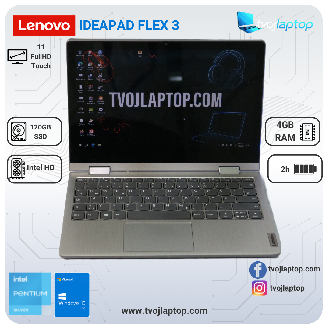 Lenovo IdeaPad Flex 3 – Pentium Silver N5030 | 4GB RAM | 120GB SSD | 11,6″ Full HD IPS Touch, 360° konvertibilni, metalno kućište | Polovan laptop
