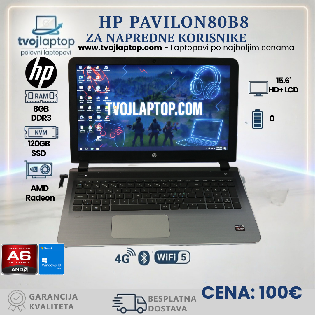 HP Pavilion dv6 (80D8) – AMD A6-3430MX | 10GB DDR3| 120GB SSD| Radeon HD 7690M| 15.6″ ekran| Windows 10