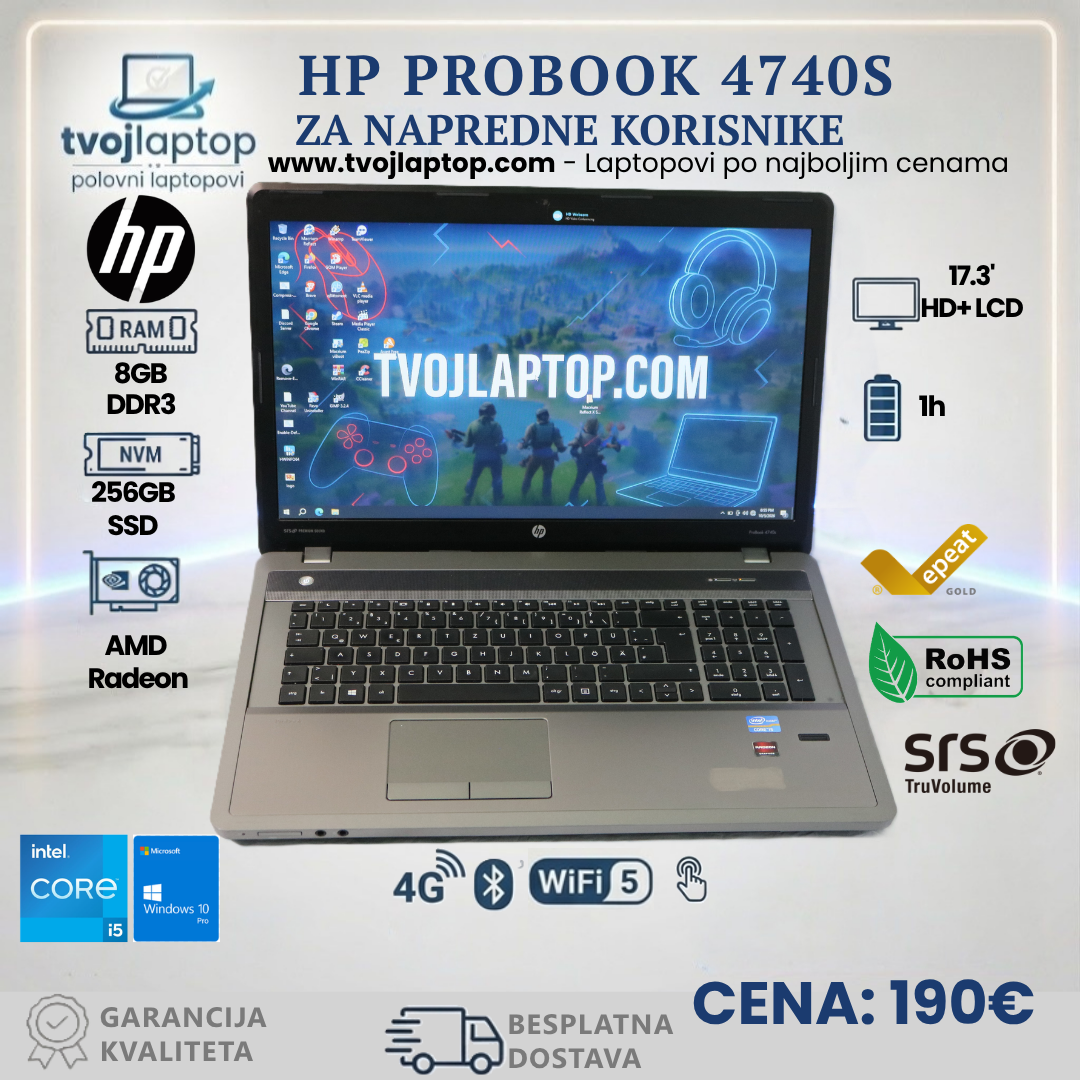 HP ProBook 4740s – Intel Core i5-3230M| 8GB DDR3| 256GB SSD| Radeon HD 7650M| 17.3″ HD+ ekran| Windows 10