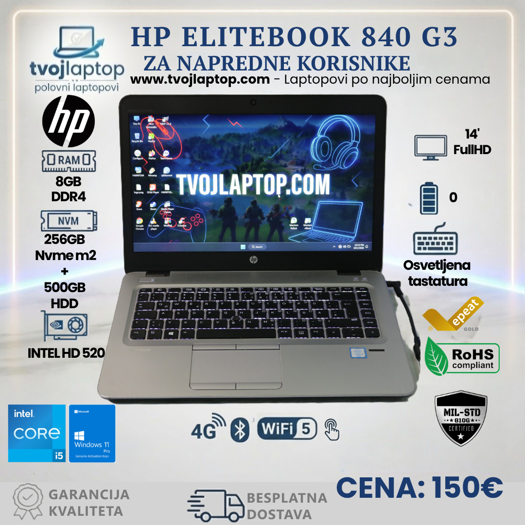 HP EliteBook 840 G3 – Intel Core i5-6200U| 8GB DDR4| 256GB NVMe SSD| 14″ Full Matt ekran| Windows 11
